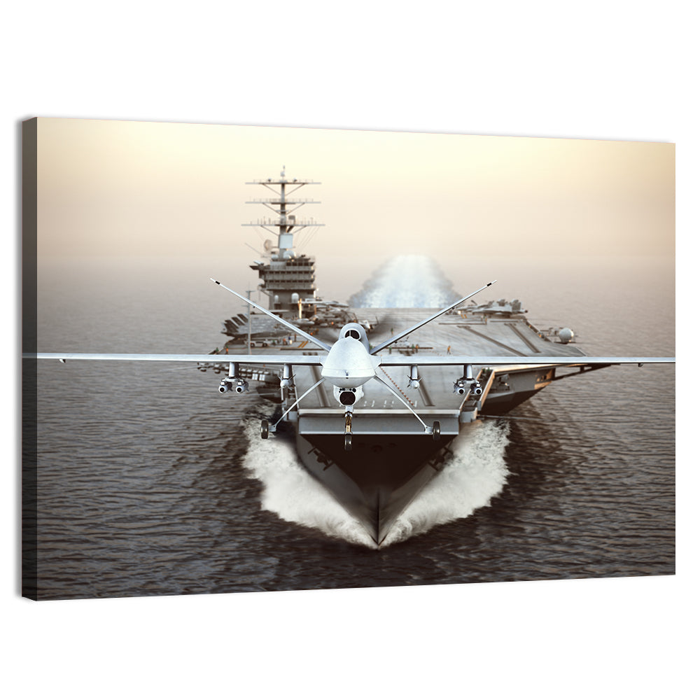 Drone Over Aircraft Carrier Wall Art, canvas print, landscape