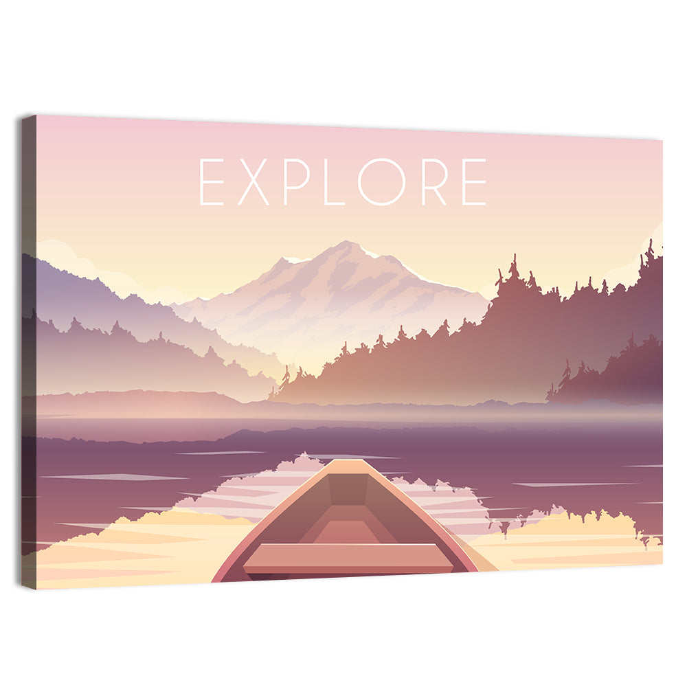 Explore Mountain Lake Sailing Illustration Wall Art, canvas print, landscape