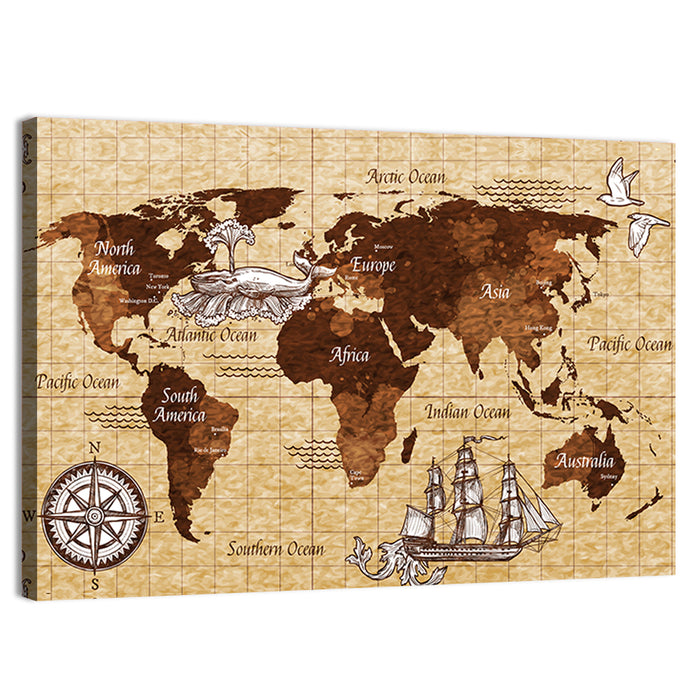 Vintage Nautical World Map Wall Art as a canvas print