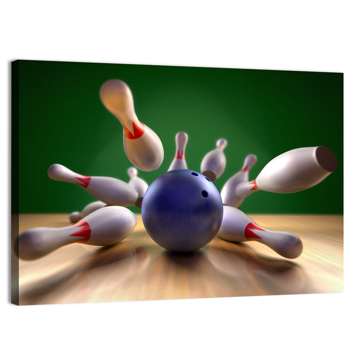 Blue Bowling Ball Hitting Pins Wall Art as a canvas print