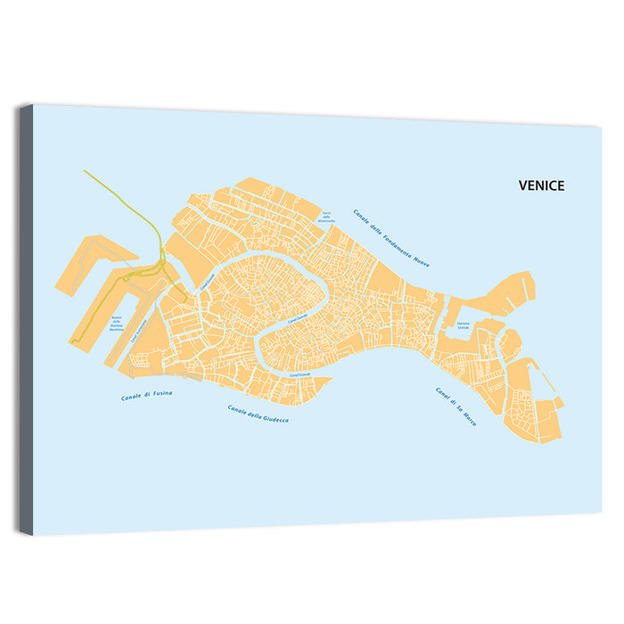Venice Canal Map, Light Blue and Orange Wall Art as a canvas print