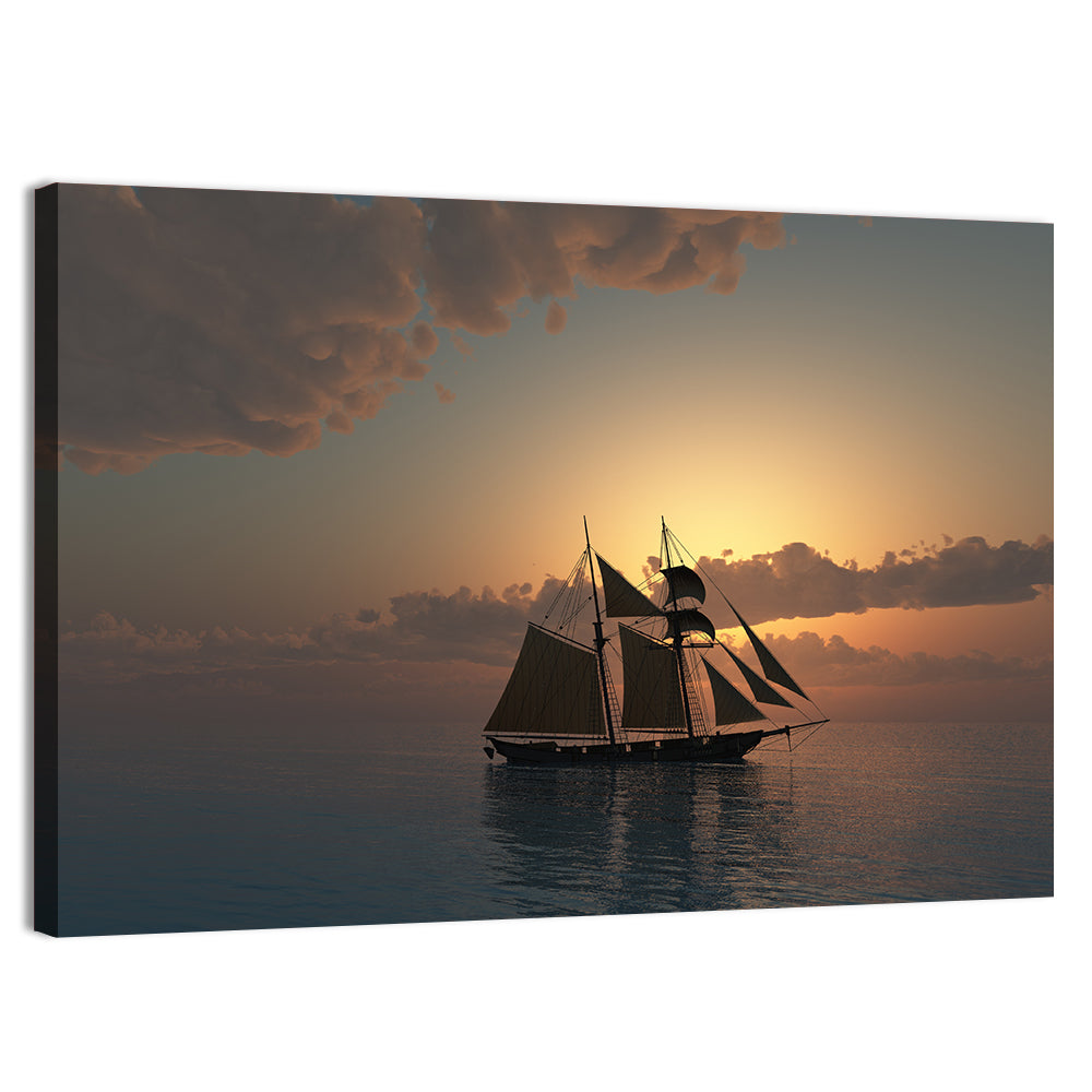 Golden Schooner at Sunset Wall Art, canvas print, landscape