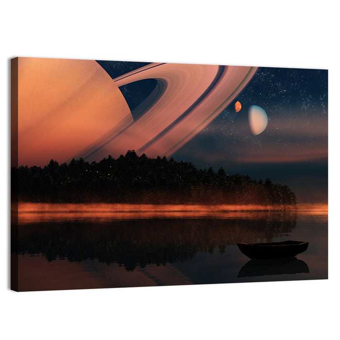 Ringed Planet Over Alien Lake Wall Art as a canvas print