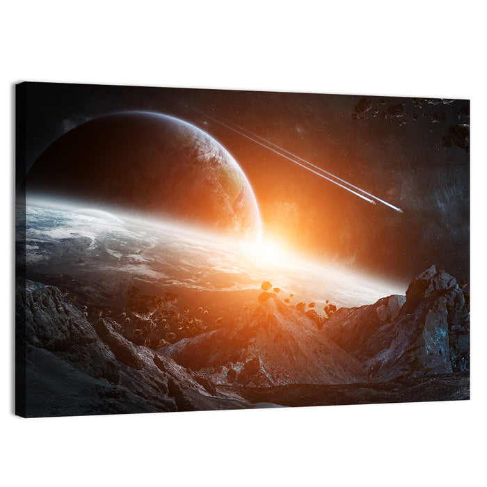 Gigantic Asteroids Over Ringed Planet Wall Art as a canvas print