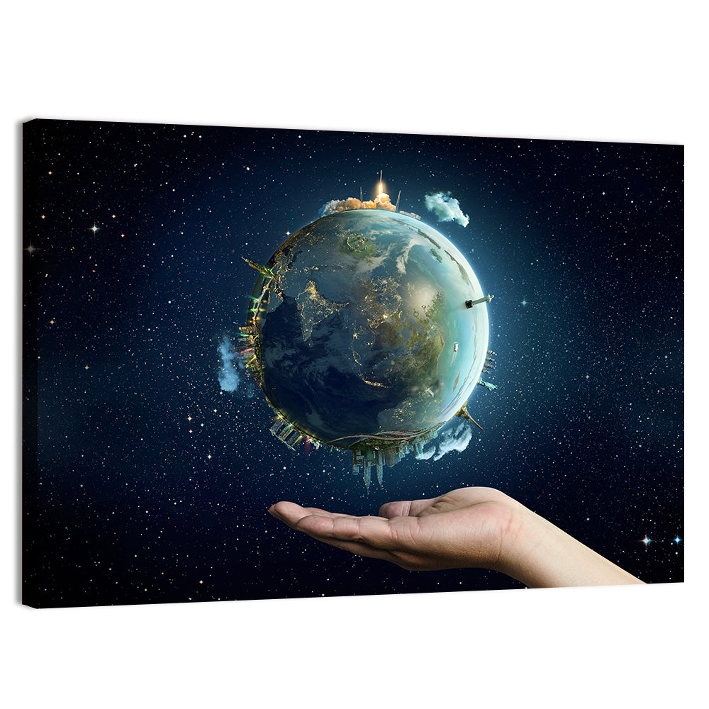 Earth Cradled in Palm with City Lights Wall Art, canvas print, landscape