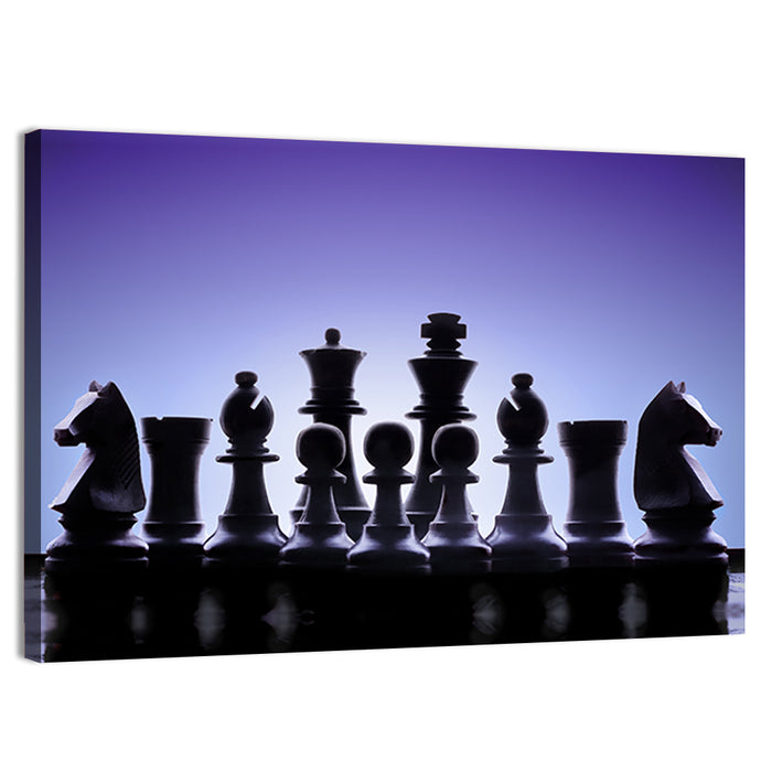 Blue Backlit Chess Pieces Wall Art as a canvas print