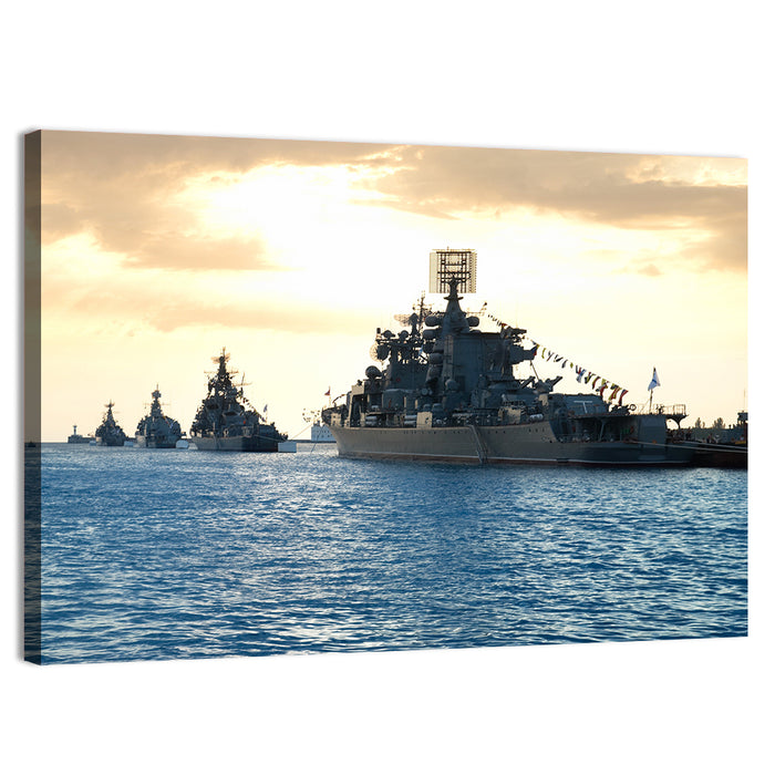 Naval Fleet at Golden Sunset Wall Art as a canvas print