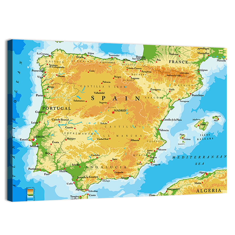 Iberian Peninsula Physical Map Wall Art, canvas print, landscape