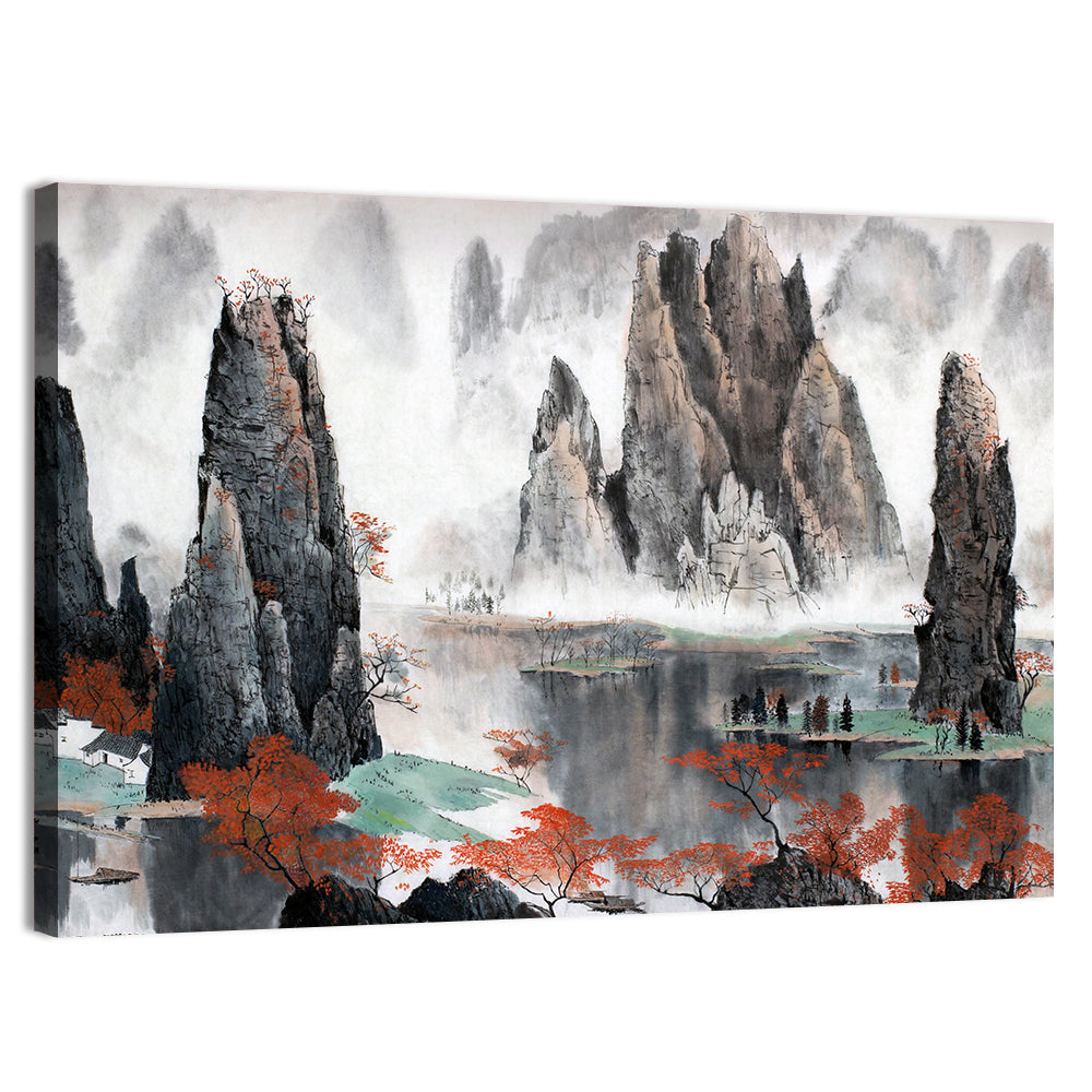 Autumn Mist Over Mountain Lake Wall Art, canvas print, landscape