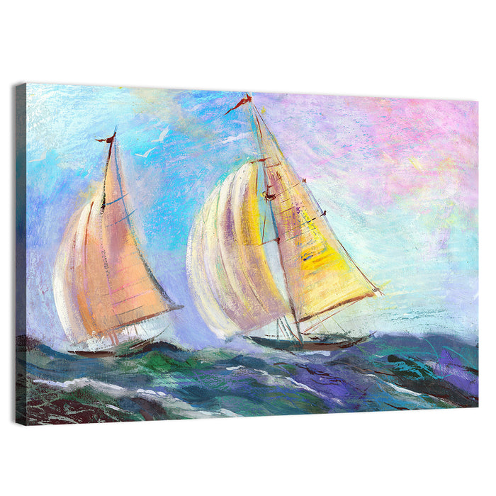 Two Sailboats in Colorful Seascape Wall Art as a canvas print