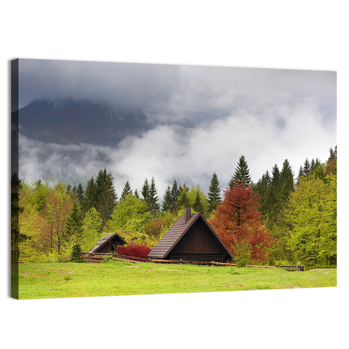 Slovenian Alps Cabin in Fog Wall Art as a canvas print