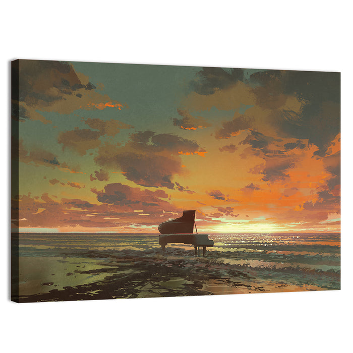 Piano on the Beach at Sunset Wall Art as a canvas print
