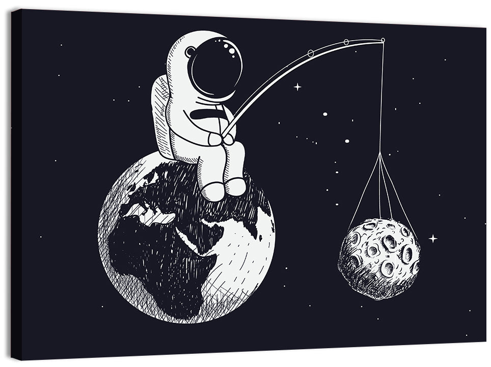 Little Astronaut Fishing the Moon Wall Art, canvas print, landscape