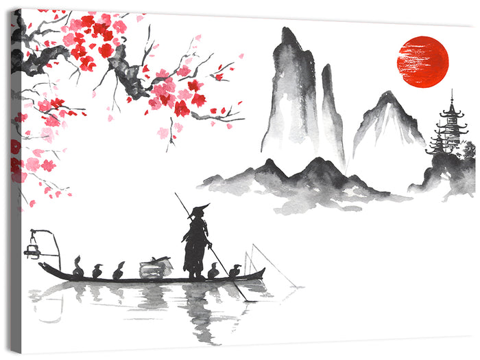 Ink Wash Fishing Boat with Red Sun Wall Art as a canvas print