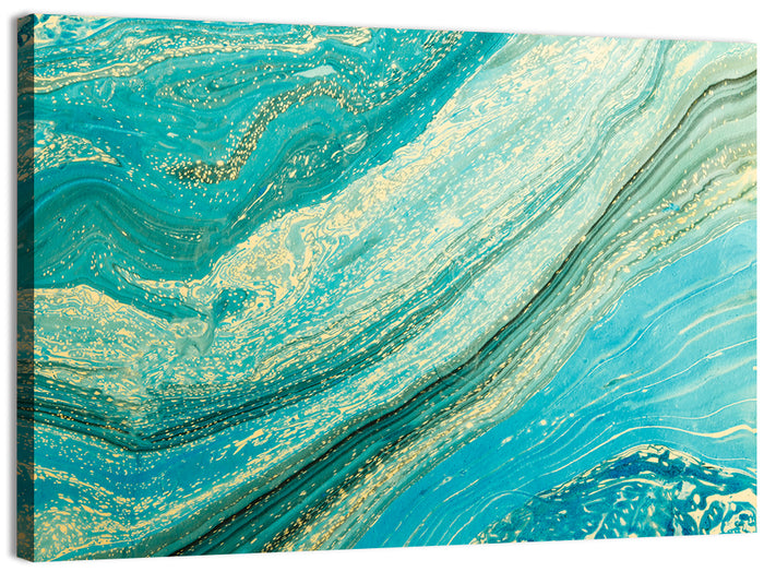 Teal Marble Swirl with Gold Veining Wall Art as a canvas print