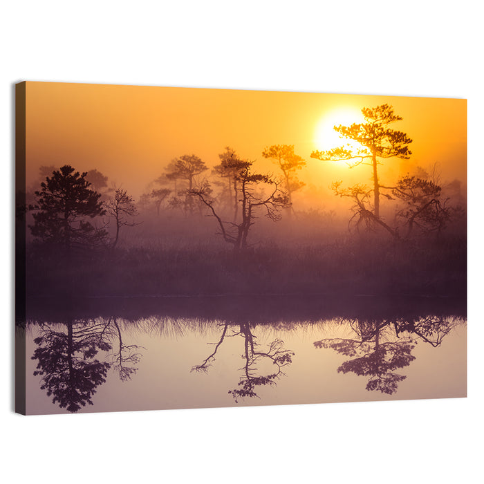 Misty Golden Lake Sunrise Wall Art as a canvas print