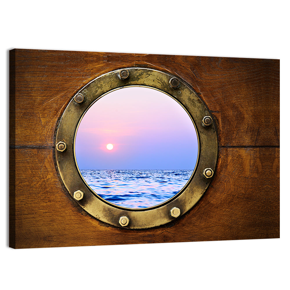 Brass Porthole with Sunset Horizon Wall Art, canvas print, landscape