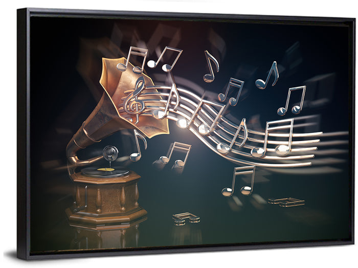 Gramophone with Flowing Musical Staff Wall Art as a framed canvas