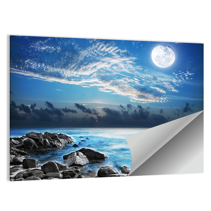 Moonlit Tropical Bay with Rocky Coast Wall Art as a poster print