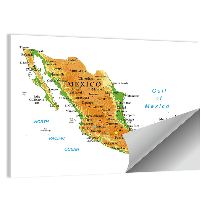 Mexico Physical Map Wall Art as a poster print