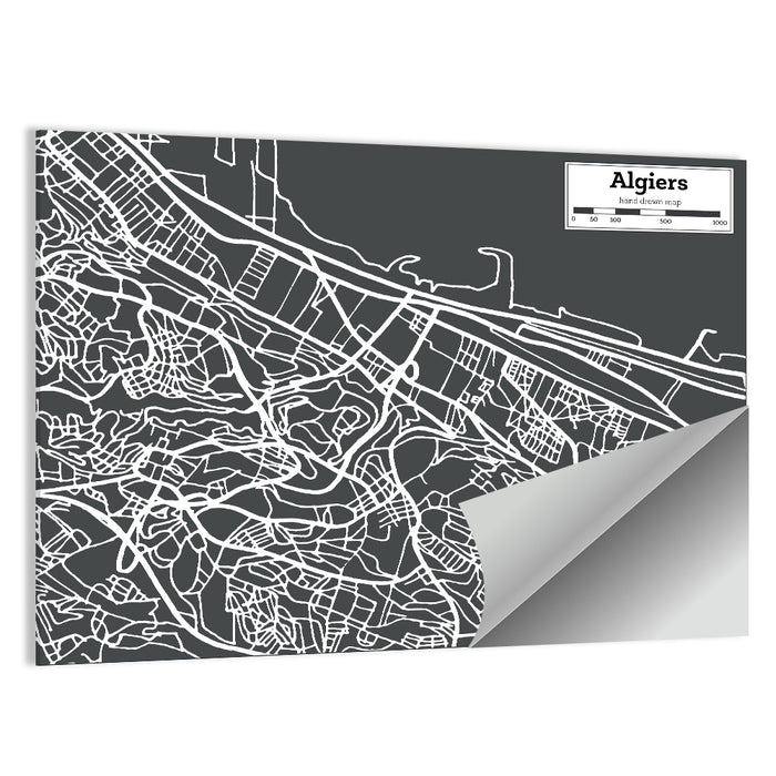 Algiers City Map, Minimal Gray Wall Art as a poster print