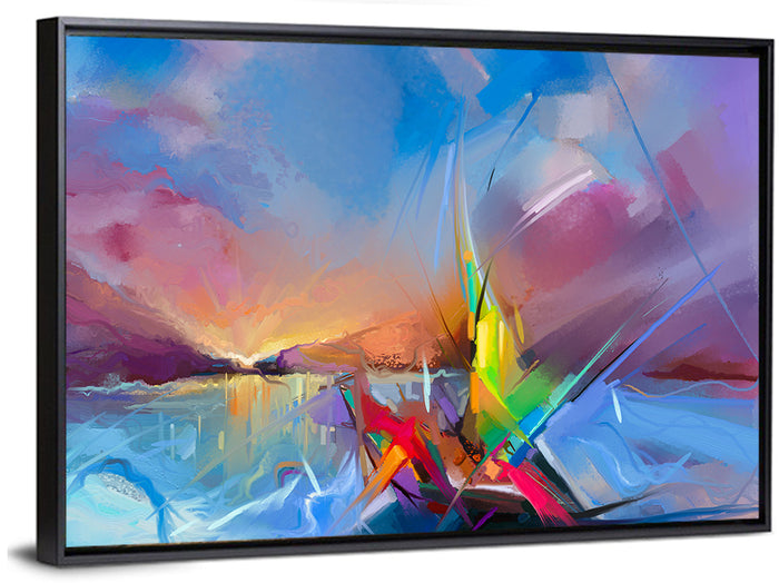 Radiant Sunset Sailboat Painting Wall Art as a framed canvas