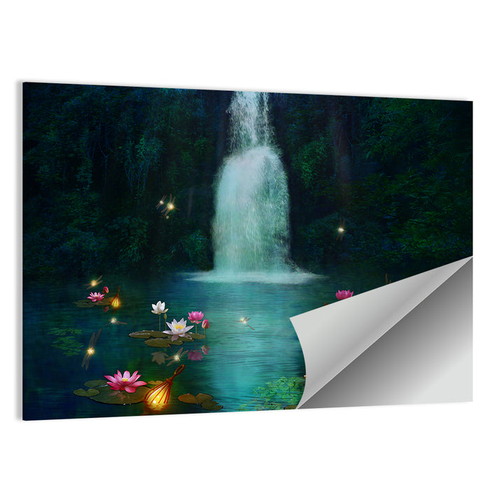 Moonlit Lotus Pond and Waterfall Wall Art as a poster print