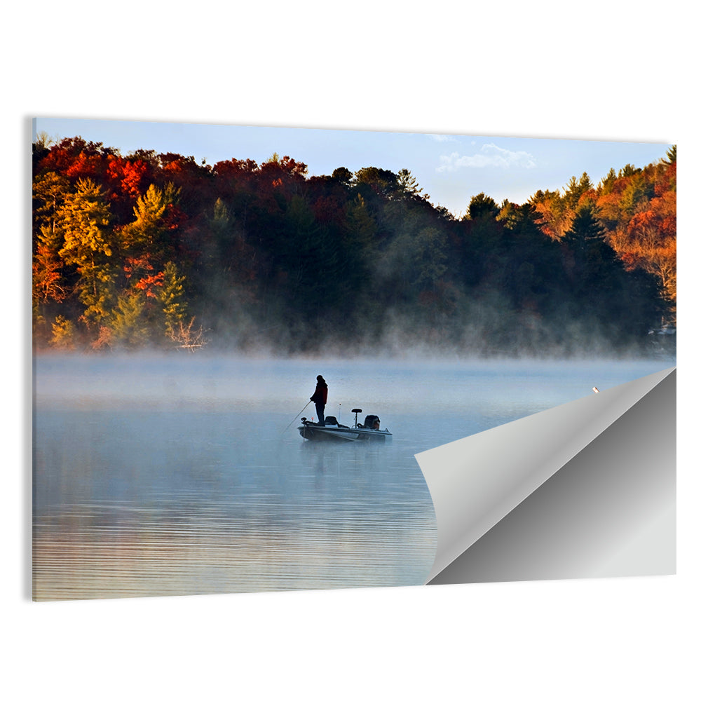 Misty Lake Fisherman Silhouette Wall Art