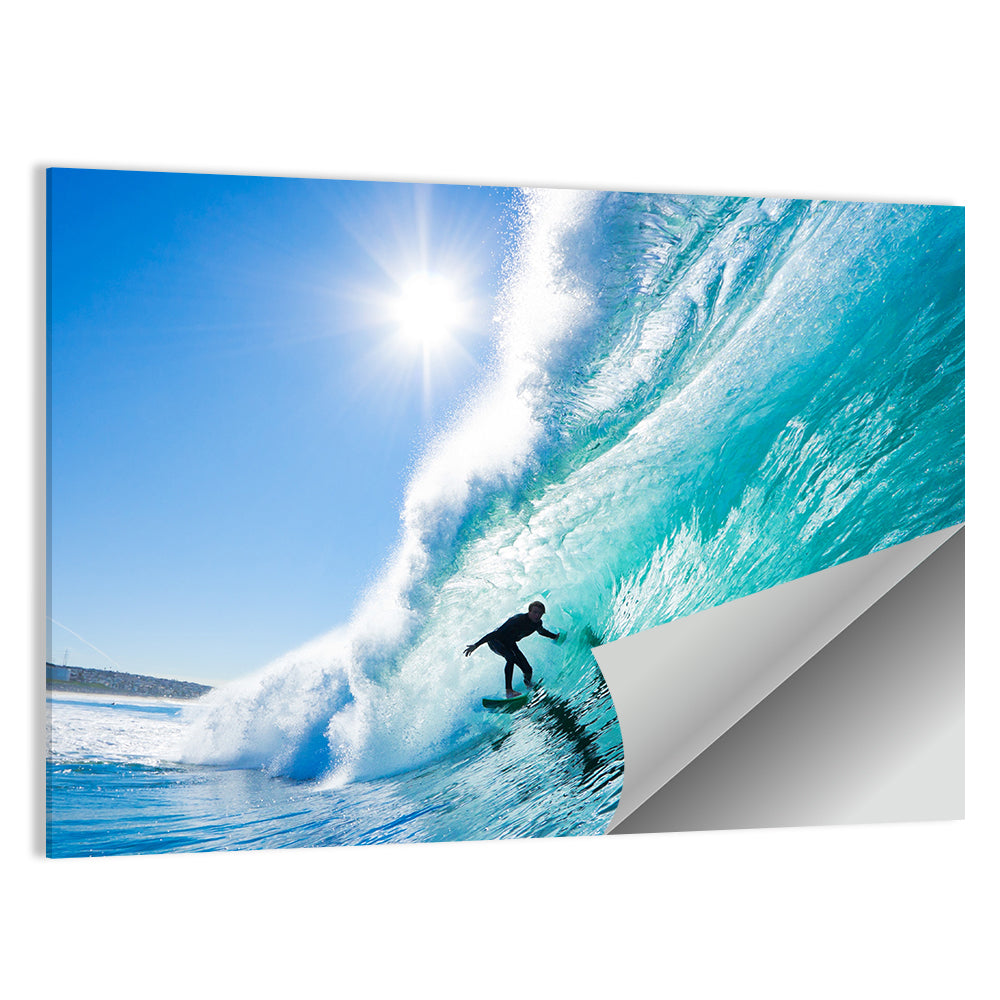 Sunlit Blue Wave with Surfer Wall Art