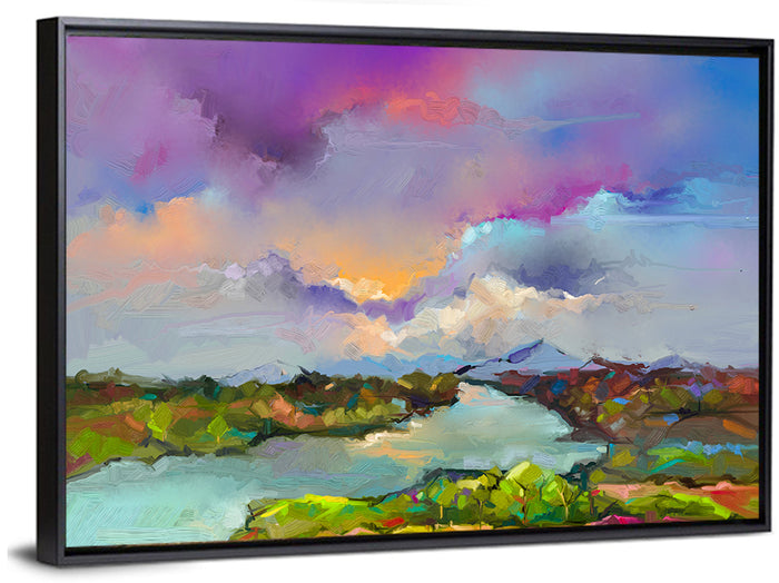 Sunset River and Meadow Abstraction Wall Art as a framed canvas