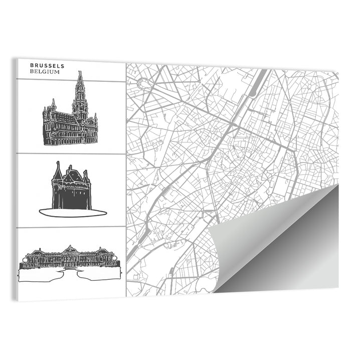 Brussels Map with Architectural Icons Wall Art as a poster print