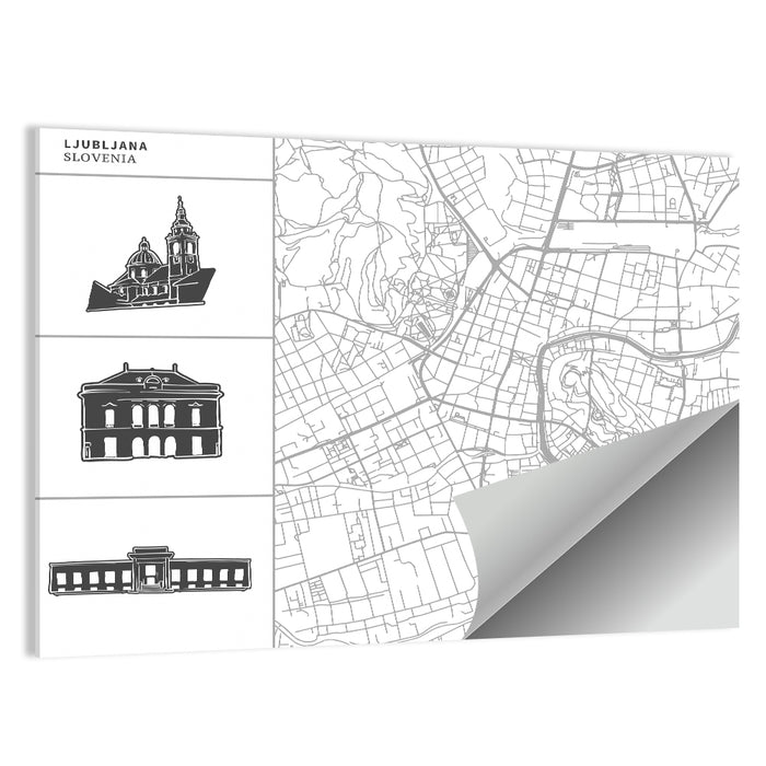 Ljubljana Map with Cathedral Silhouettes Wall Art as a poster print