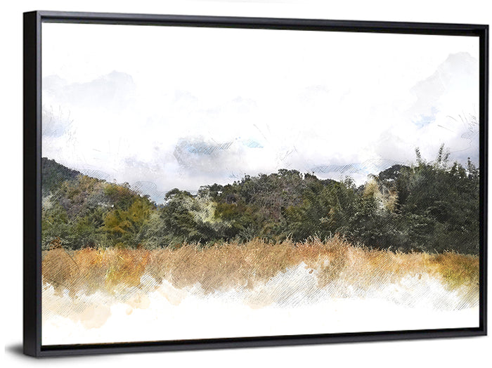 Golden Field Watercolor Illustration Wall Art as a framed canvas
