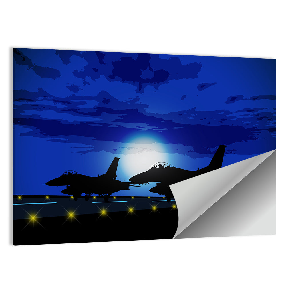 Moonlit Fighter Jets on Runway Wall Art