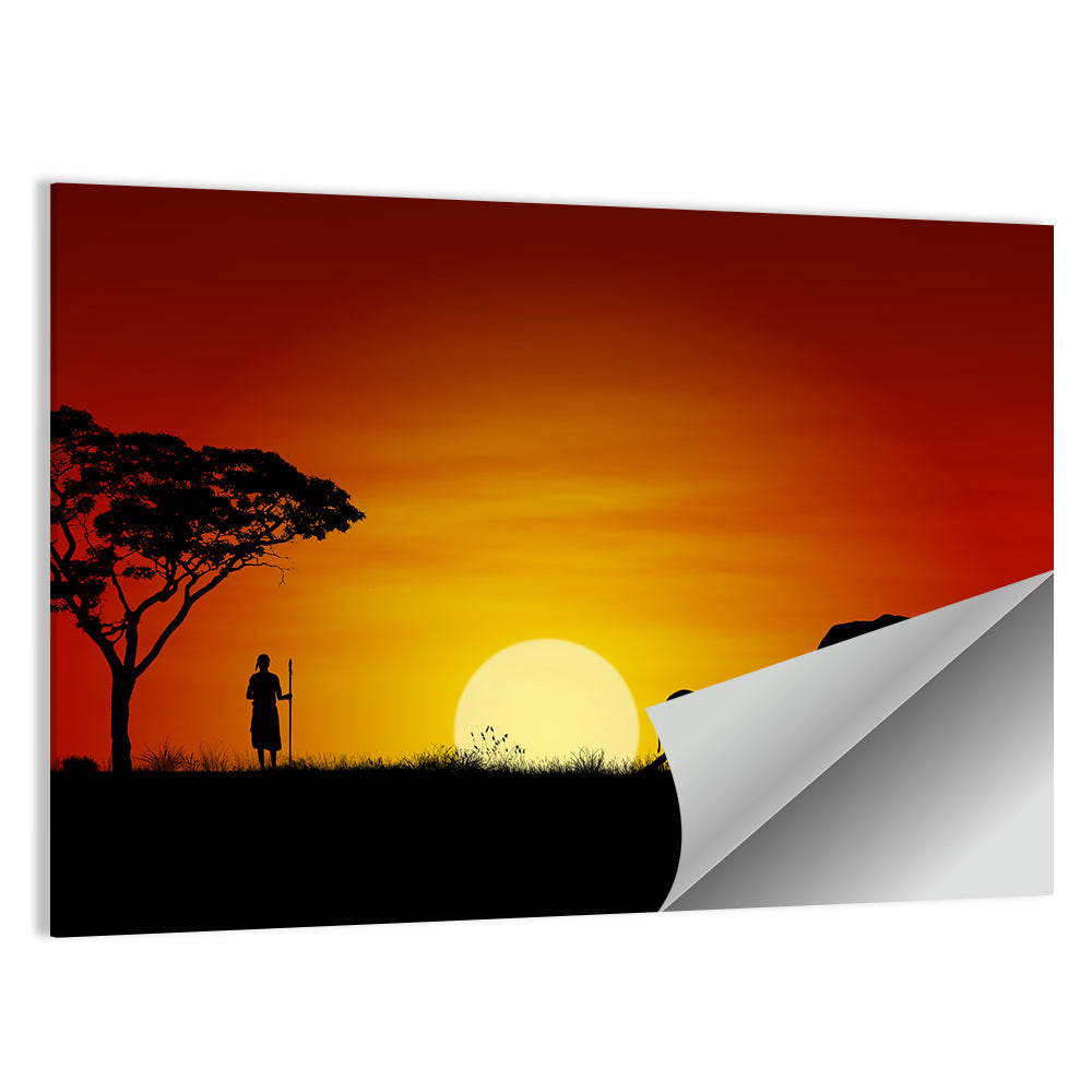 Massai Warrior and Elephants at Sunset Wall Art