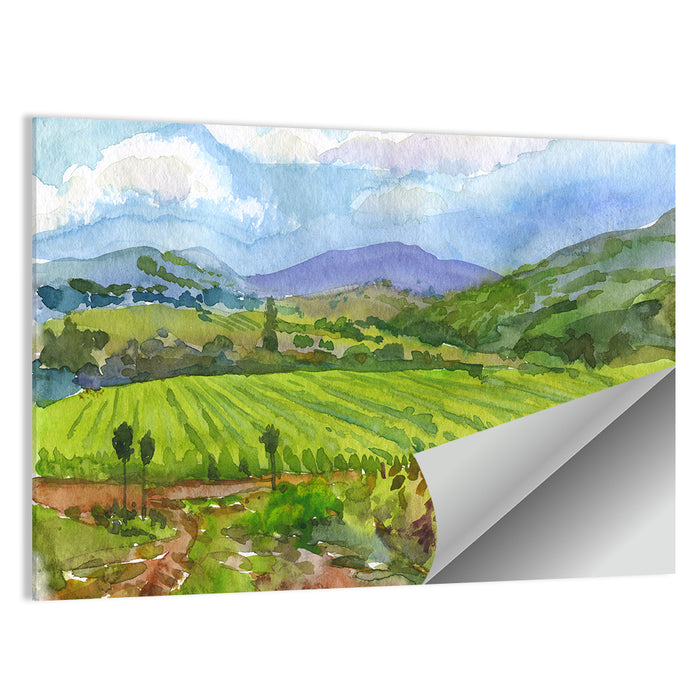Countryside Vineyard Watercolor Wall Art as a poster print