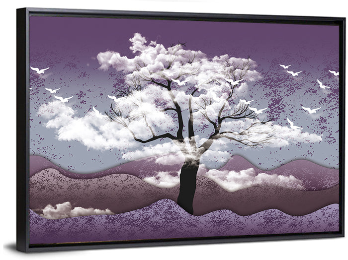 Ethereal Purple Tree Landscape Wall Art as a framed canvas
