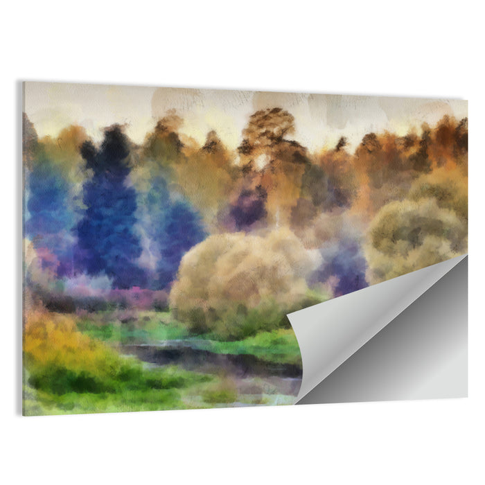 Misty Forest River Watercolor Wall Art as a poster print
