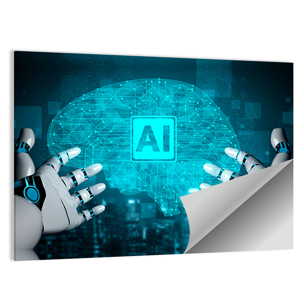 Glowing Ai Brain with Robotic Hands Wall Art