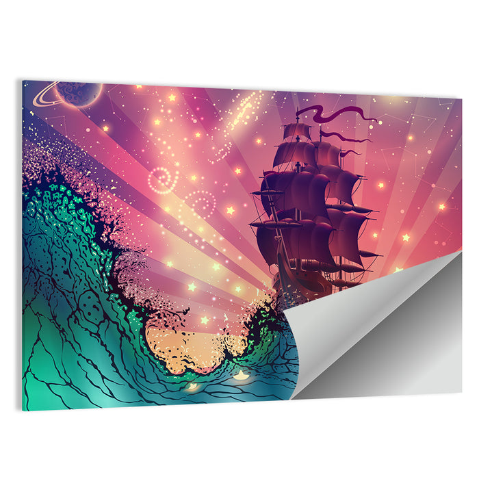 Tall Ship on Cosmic Waves Wall Art as a poster print