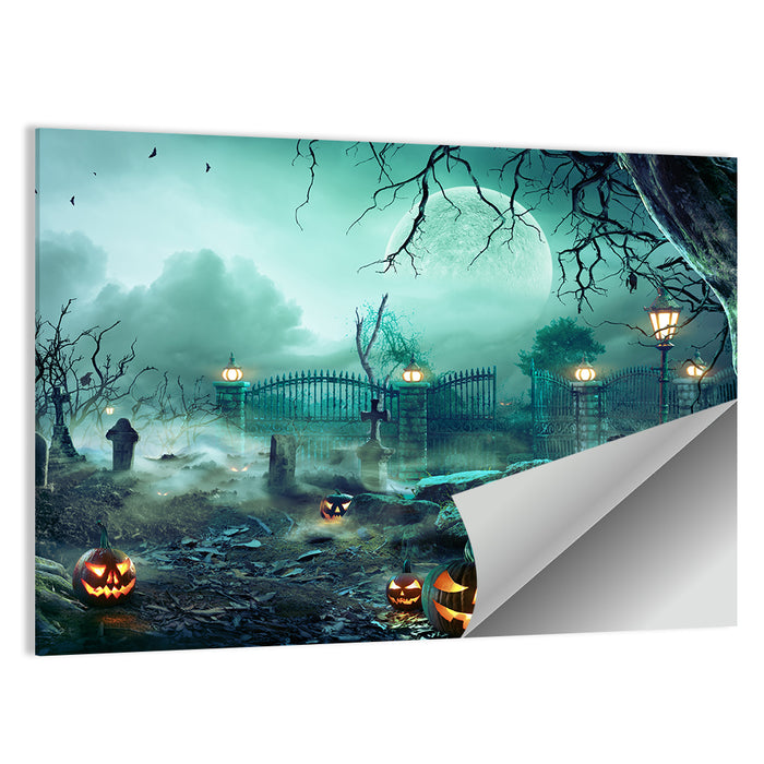 Moonlit Jack-o-lanterns in Cemetery Wall Art as a poster print