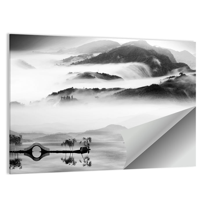 Misty Chinese Lake with Bridge Wall Art as a poster print