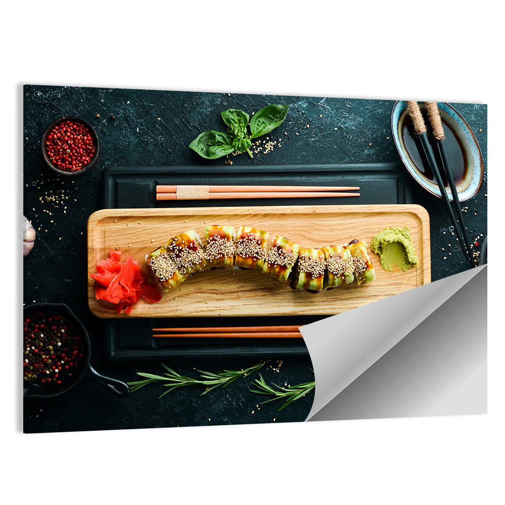 Top-down Sushi Roll with Chopsticks Wall Art