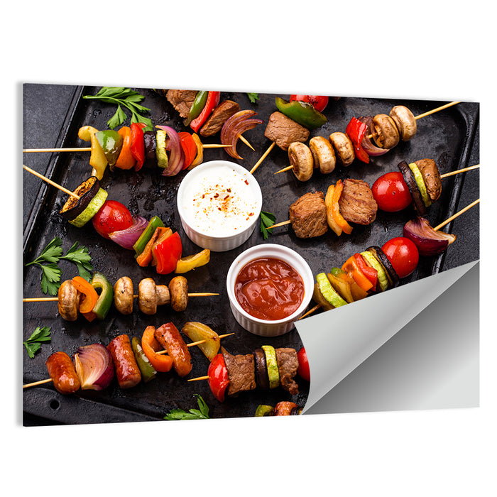 Grilled Meat and Vegetable Kebabs Wall Art as a poster print