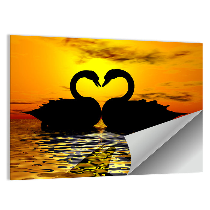 Swans Forming Heart at Sunset Wall Art as a poster print
