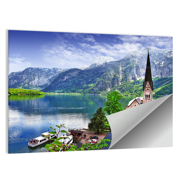 Hallstatt Lake View with Church Tower Wall Art as a poster print