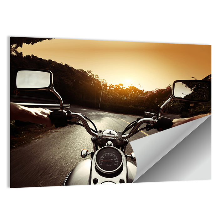 Motorcycle Handlebar View at Sunset Wall Art as a poster print