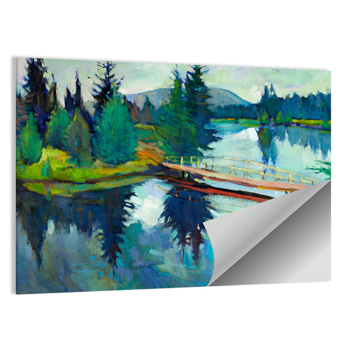 Forest Bridge Reflection Illustration Wall Art as a poster print