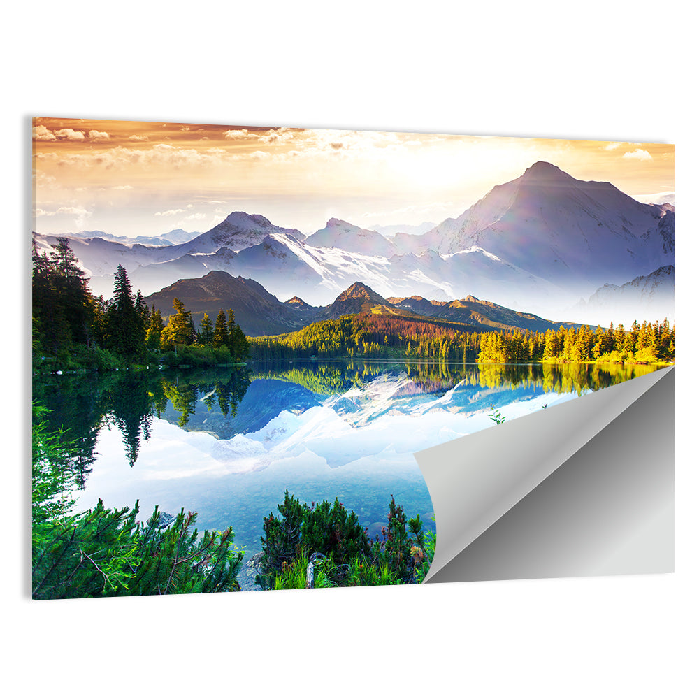 Sunlit Mountain Lake Reflection Wall Art