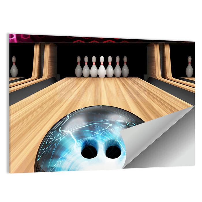 Glowing Blue Bowling Ball on Wooden Lane Wall Art as a poster print